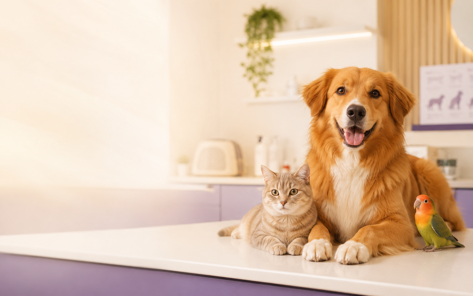 Bomonti Veteriner Kliniği için gerçekçi kedi, köpek ve kuş görseli